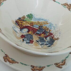 Vintage ROYAL DOULTON BUNNYKINS England Bone China Plate and Bowl Fire Engine